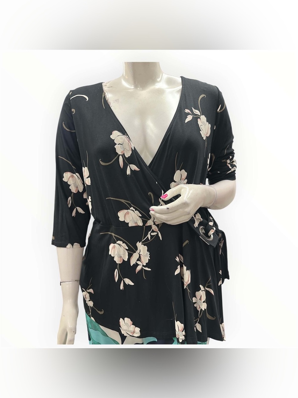 Michel Studio Black Wrap Floral Tunic with Pink Accents Size 3X